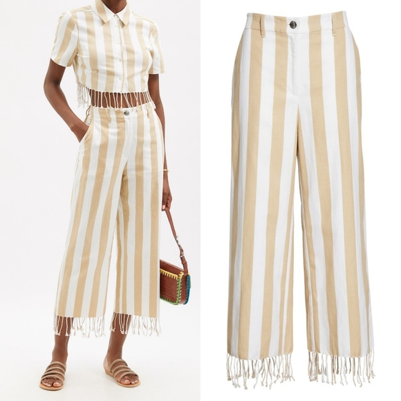 NWT STAUD Zuma Striped Linen Cotton Straight-Leg Fringe Trousers - Picture 1 of 10